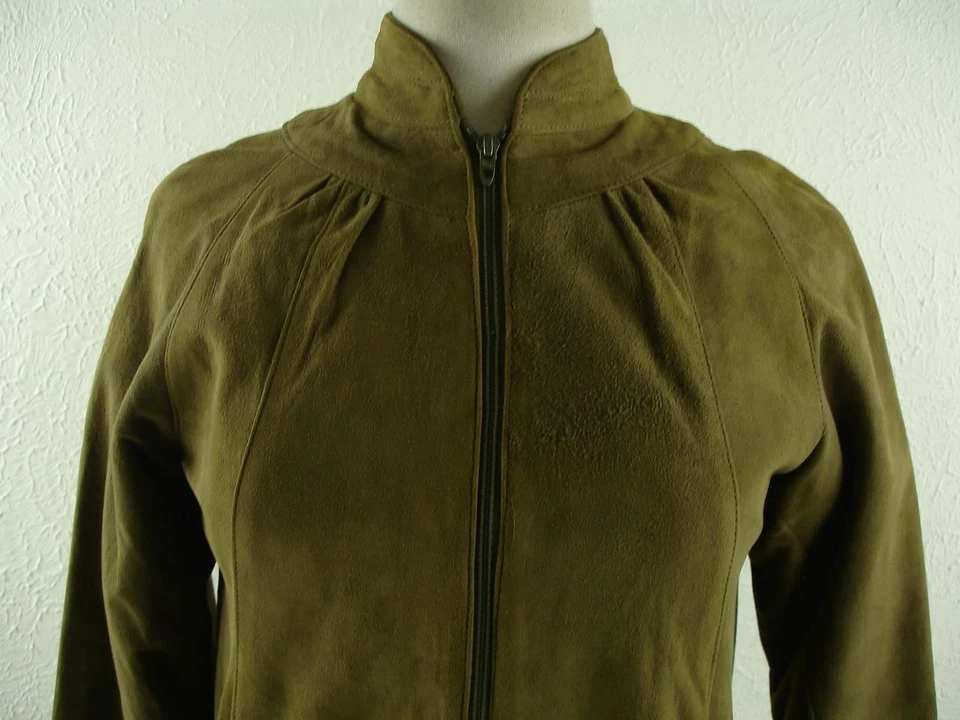 Abrigo Chaqueta Mujer S M 7/8 De Colección Años 70 Informal Esquina Caqui Verde Gamuza Cuero Foto 2 de 4