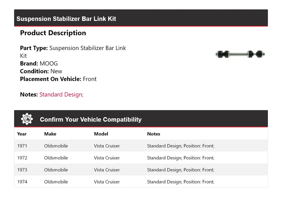For 1971-1974 Oldsmobile Vista Cruiser Suspension Stabilizer Bar Link Kit MOOG - Image 2 of 4
