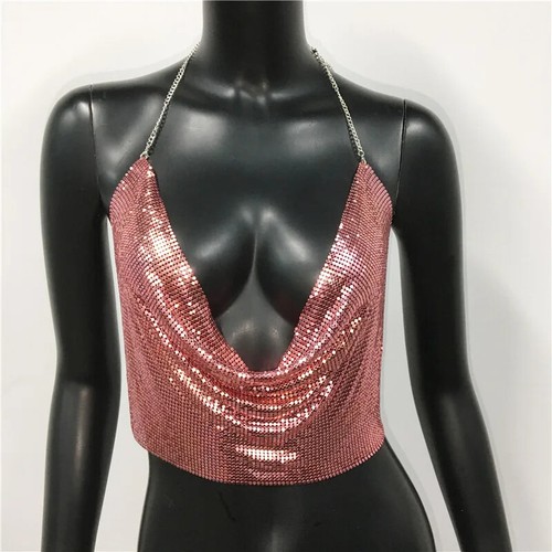 Metall Pailletten Neckholder Damen sexy V-Ausschnitt rückenlose Kette Tauchtank Weste kurzes Oberteil - Bild 19 von 27