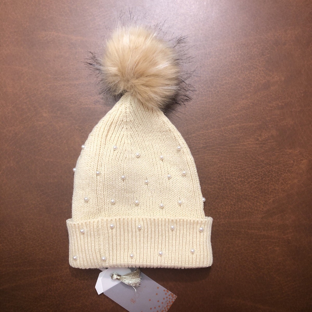 Beaded Pearl Beanie Toboggan Hat Winter Women Cream NWT