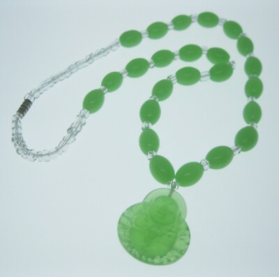 Vintage Green Peking Glass Buddha Beaded Pendant Necklace