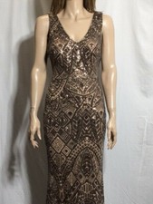 Women's NWT Aqua Bronze Double V-Neck Sequined Formal Evening Gown Dress