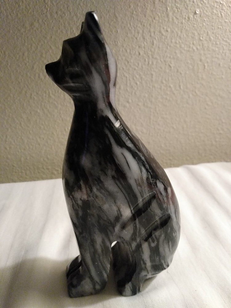 Vintage Marble Cat Figurine 6 in. Tall, Sitting Cat, Black & White Marble Great