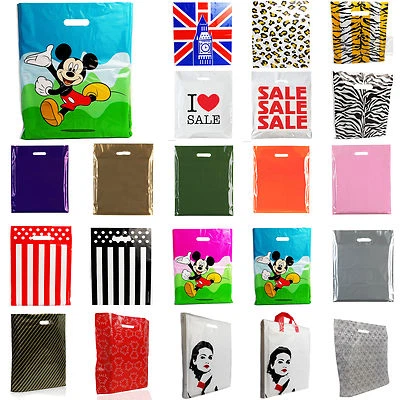 SHOPFITTING-UK NEW PLASTIC CARRIER BAGS CHOOSE DESIGN/SIZES/QUANTITY