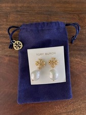 TORY BURCH AUTHENTIC GOLD TONE CULTURED PEARL DROP EARRINGS-NWT