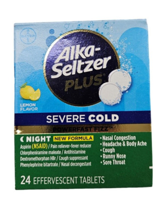 Alka-Seltzer Plus SEVERE COLD NIGHT Formula LEMON 24 Effervescent Tabs ^
