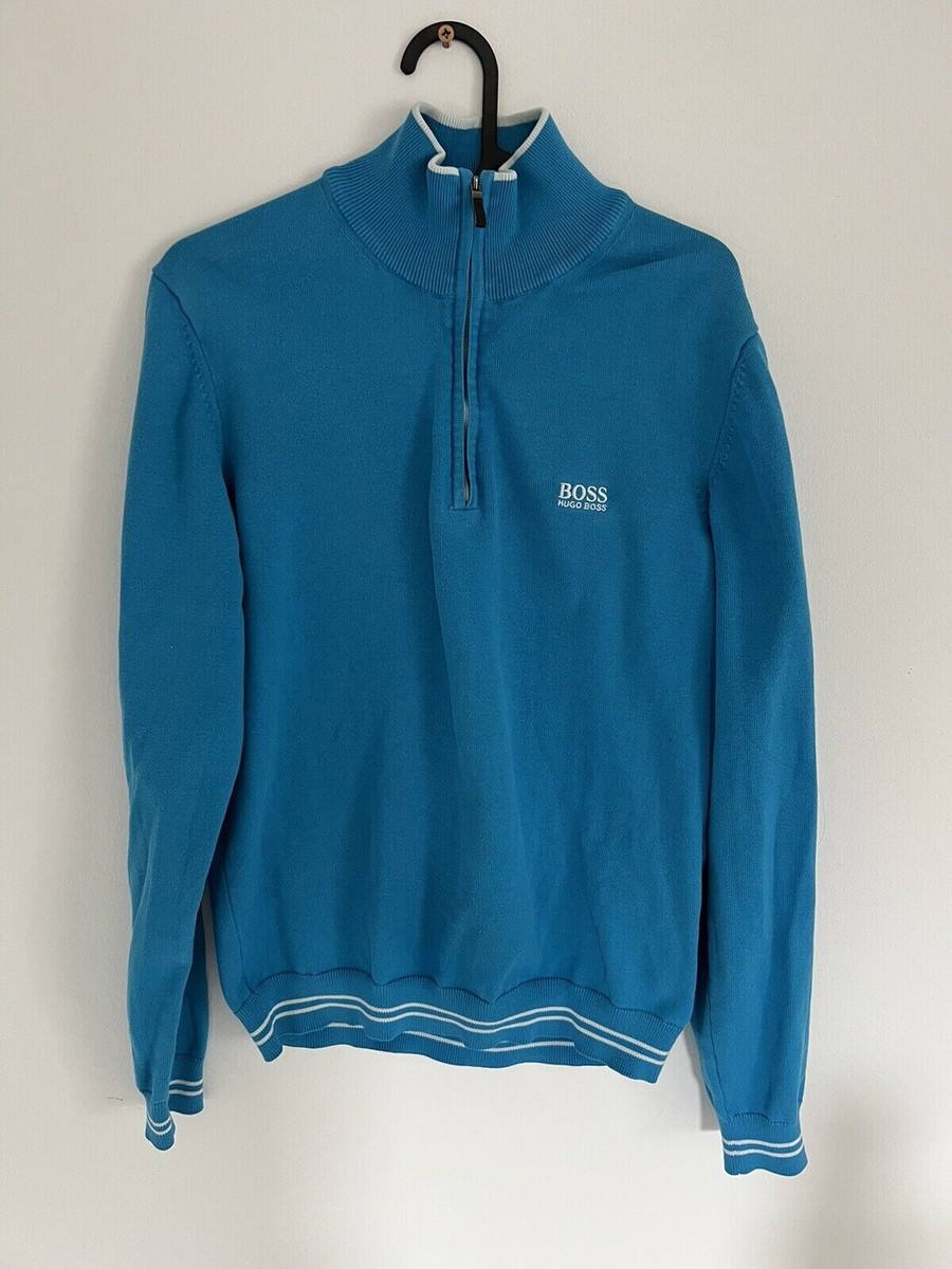 Hugo Boss Mens Half Zip Sweater Size S Small Blue White Jumper