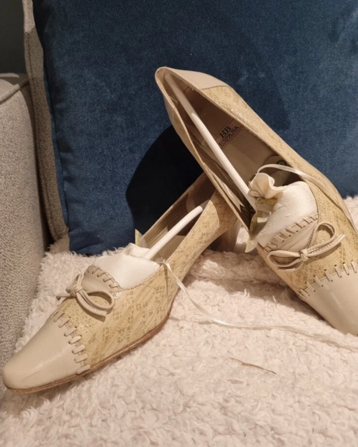 HB Espana Vintage Beige Leather Mid Heeled Summer Court Slip On Shoes UK 6 39