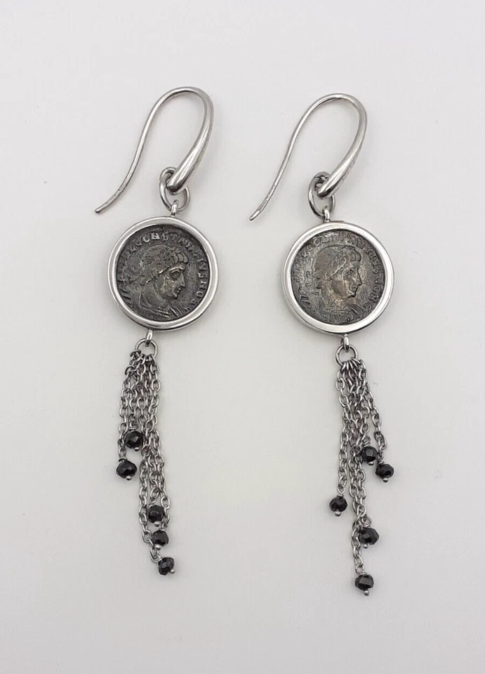 Orecchini argento 925 moneta romana gioiello donna pietre spinello nero - Immagine 2 di 3