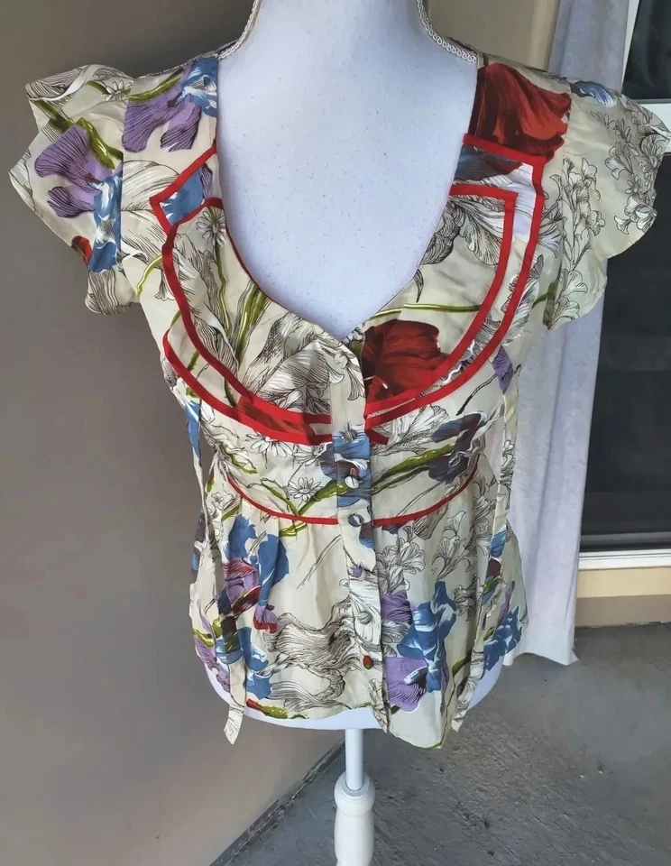 Blusa con botones Odille Antropologie para mujer 0 azul púrpura rojo mezcla de seda volantes Foto 2 de 4