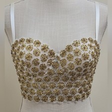 White Gold Sequin Floral Mesh Bustier Corset Top Adjustable Straps