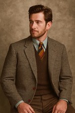 Vintage Harris Tweed Blazer Mens 100 Scottish Wool Gray Brown Eagle Clothes 44R