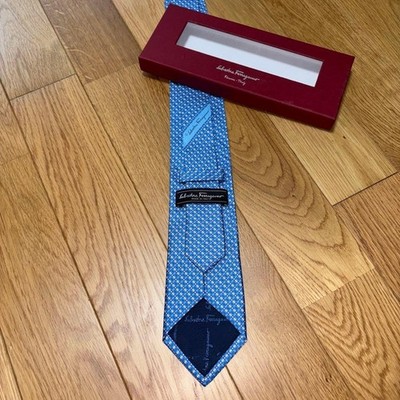 Salvatore Ferragamo Neck Tie Geometric Blue 100%Silk w/Box Italy New Unused