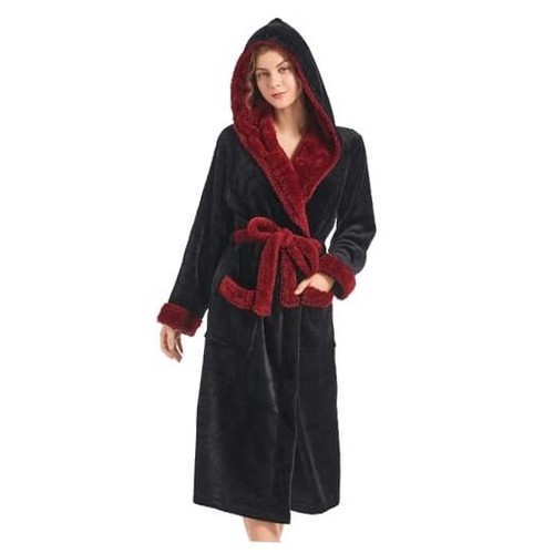 Women Hooded Plush Robe, Fleece Cozy Warm Bathrobe Small-Medium Black+burgundy