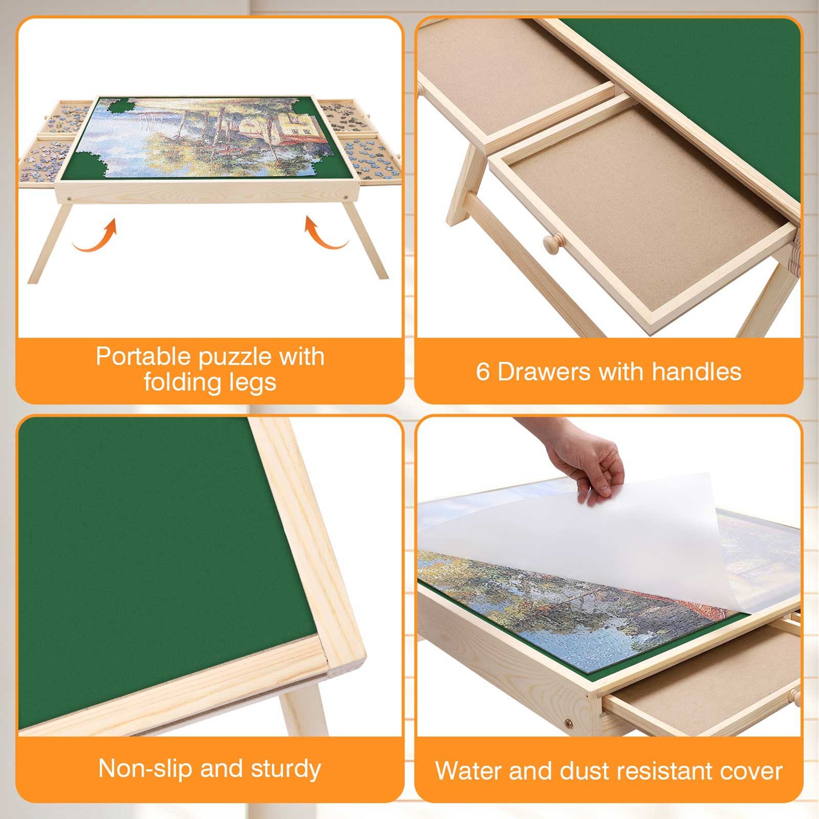 Jigsaw Puzzle Table 4 Drawers Folding Legs Round Corner Portable Puzzle Tab BTM
