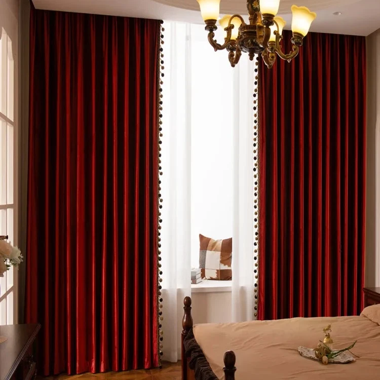 90% Shading Luxury Retro Wine Red Glossy Blackout Velvet Curtain for Living Room - Image 2 of 4