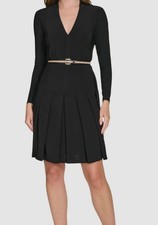 Tommy Hilfiger Women's Black Pleated Belted Lined Fit & Flare Dress Size 14