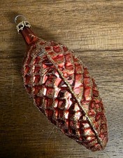 Vintage Christmas Red Gold Glitter Glass Pine Cone Ornament Pinecone EUC 3 "