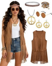 60s 70s Hippie Costume Outfit for Women Fringe Vest Brown Medium Accessories