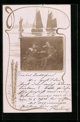 Photo Postcard Couple Sitting on a Bench Leaning Head on Hand Sailboats 190 