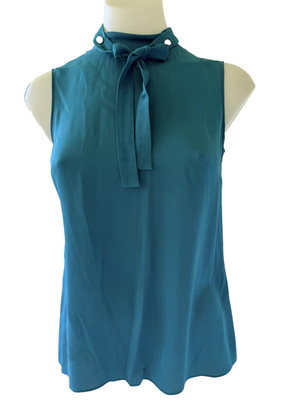 Women s Gucci Teal Blue Silk Sleeveless Top Pearl Collar Tie Neck Very Good
