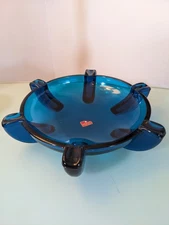 Vintage Viking Glass Blue Blunique Pilot Ashtray Ships Wheel