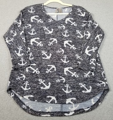 NEW DIRECTIONS Top Womens Medium Anchors ¾ Dolman Sleeve Stretch Nautical V Neck