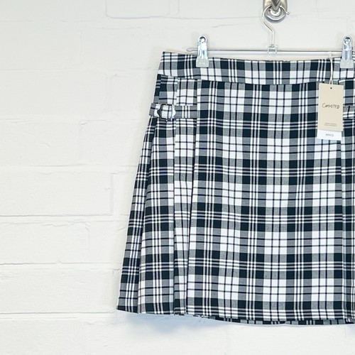 MNG Mango Mini Skirt Black & White Checked A-line Buckles Preppy Size L - Picture 3 of 14