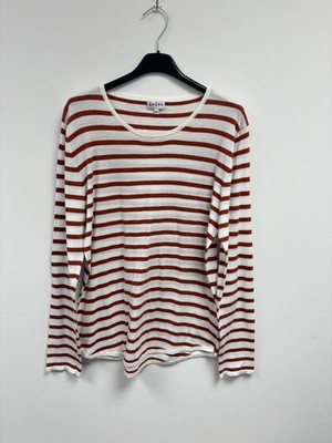 Brora rust white Striped cotton Lightweight knit top Jumper elbow patches 12-14