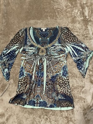 One World Vintage Y2K Boho Blue And Brown Tunic Size M