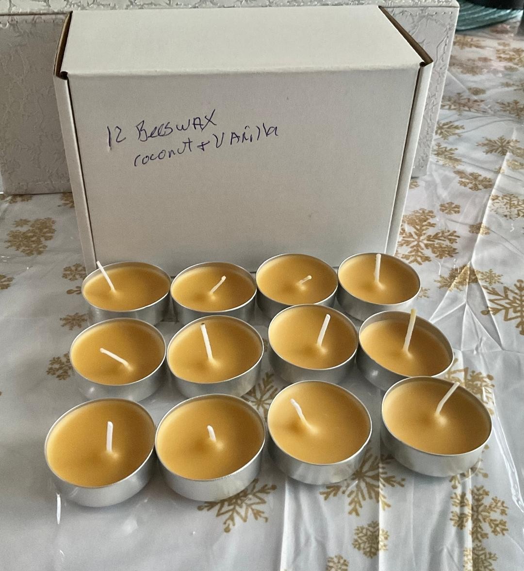 Coconut & Vanilla Bees Wax Tealights 12 Ct Handmade w Fragra