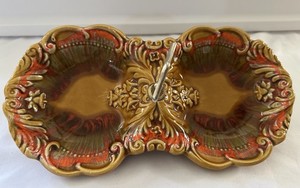 Vintage California USA Pottery Double Candy Dish Drip Glaze Caramel Orange Green