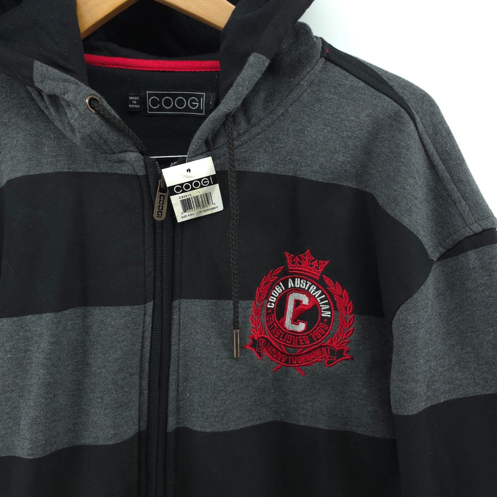 Coogi Mens Full Zip Hoodie Cotton Poly Black Grey Striped XXL Embroidered Patch image 3