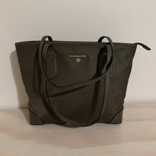 Michael Kors Eva Olive Green Neutral Nylon Carryall Top Zip Tote Shoulder Bag