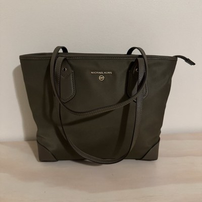 Michael Kors Eva Olive Green Neutral Nylon Carryall Top Zip Tote Shoulder Bag