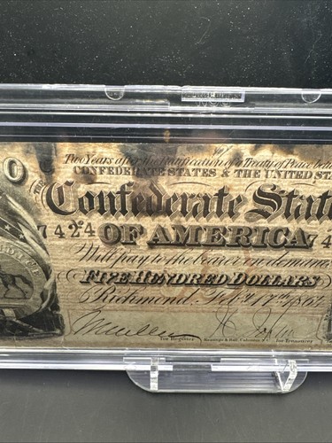 1864 Richmond VA $500 Confederate Note #7424. Burn Marks. - Picture 3 of 10