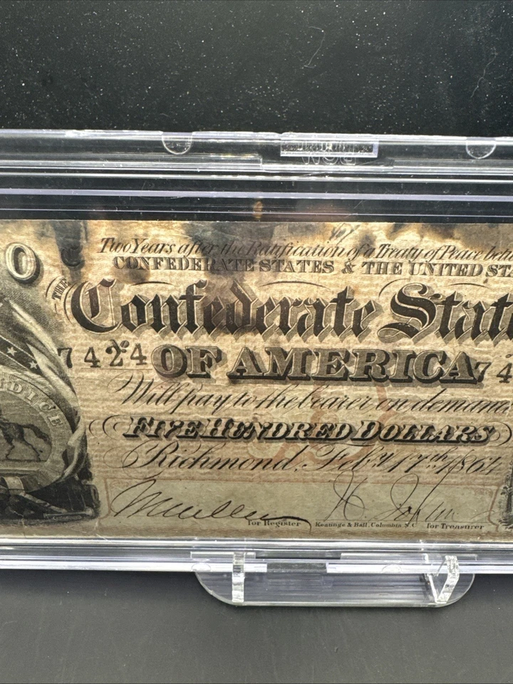 1864 Richmond VA $500 Confederate Note #7424. Burn Marks. - Image 3 of 4