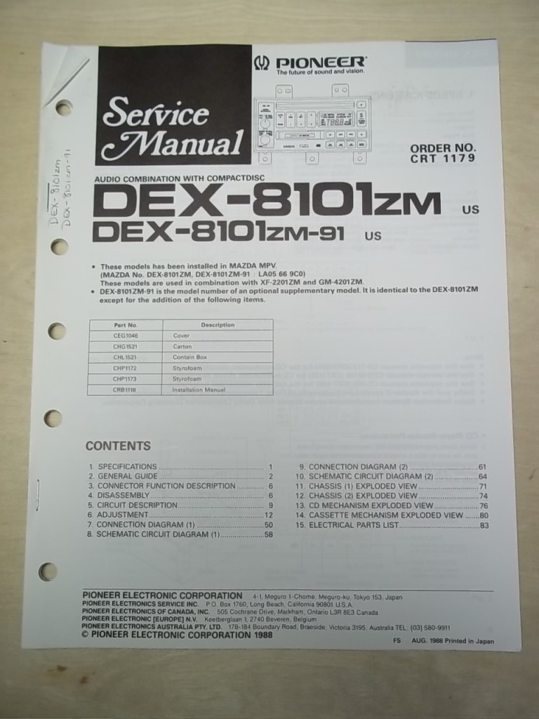 Pioneer Service/Repair Manual~DEX-8101zm/91 CD Player Combination~Original