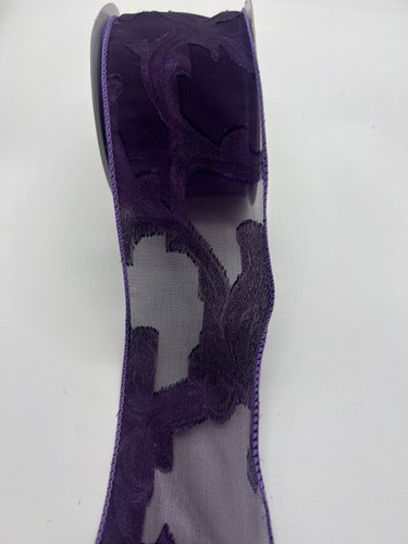 2.5" x 10" Yards Sullivan Ribbon Co Dark Purple Paisley Print Wired Edged Ribbon - Picture 2 of 5