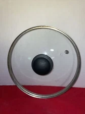 Pot Pan Lid Only Clear Glass 9.25”Round Vented Black Handle- Estate Find
