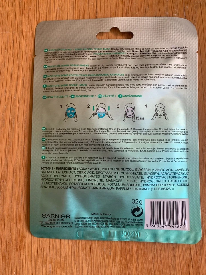 X5 New GARNIER Skin Active MOISTURE BOMB Hydrating Tea Tree TISSUE Face Mask - Image 3 of 4