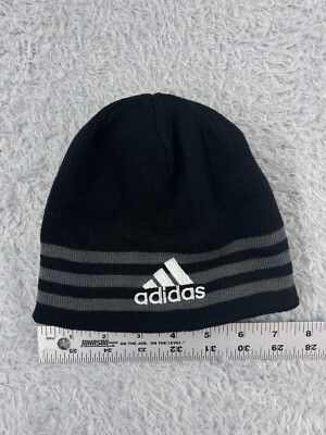 Adidas Beanie Toque Youth One Size Black Gray Stripe Knit 100% Acrylic Outdoors