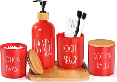 Red Bathroom Accessories Set, 5 Pcs Glass Bathroom Decor with Bamboo Tray, Red S