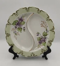 Antique Unmarked Hand Painted Round 2 Part Relish Tray - Purple Flowers