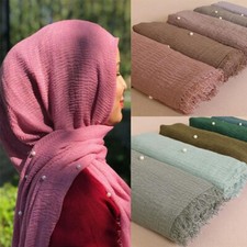 Women Plain Color Crinkle Cotton Scarf Shawl Muslim Hijab Head Wrap Pearl Beads