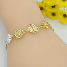3 Tone Gold Plated Crystals Saint Jude Medal Bracelet San Judas Oro laminado