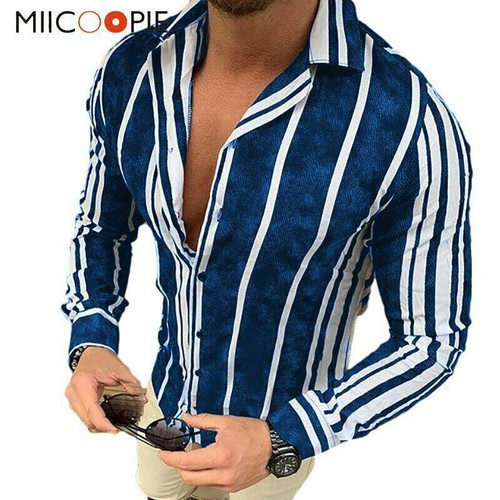 Camisa Elegante A Rayas Para Hombres Ropa De Vestido De Manga Larga Blanco  Azul | eBay