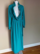 Vintage Miss Elaine Velvet Velour Robe Jade Green Teal Full Length Woman's Small