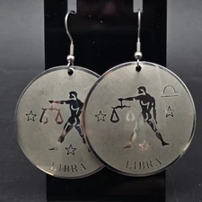 Libra Zodiac Symbol Earrings Silver Tone Discs Round Dangle Drop