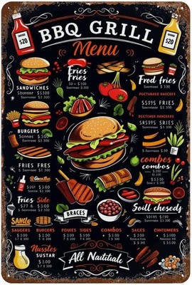 Bbq Grill Menu Design Pattern Premium Tin Metal Signs Home Décor 8x12